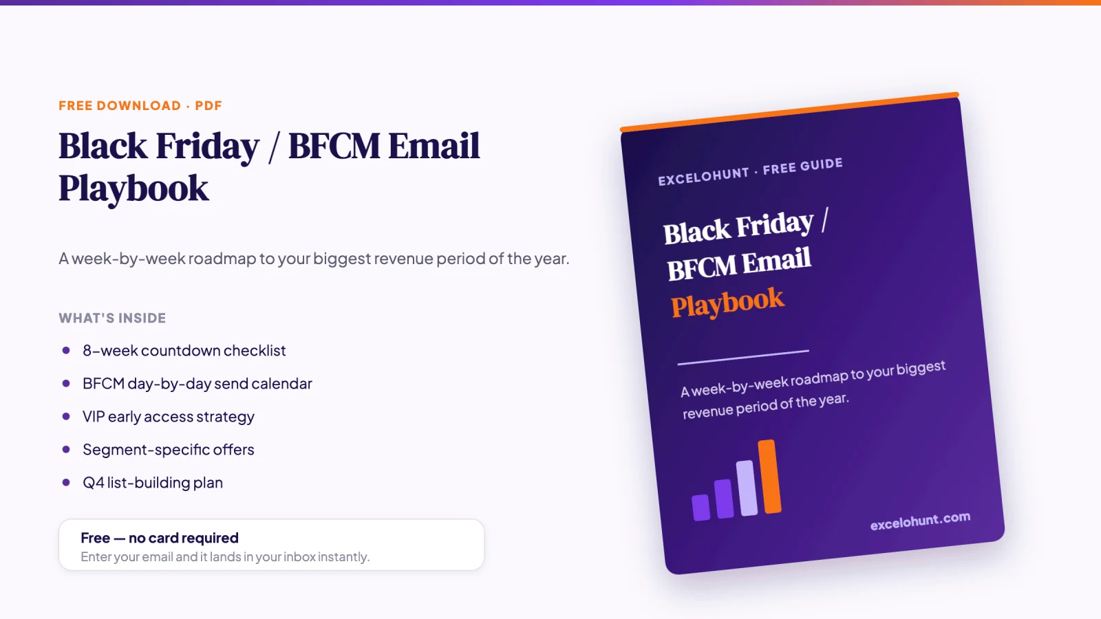 Cover mockup of the free Black Friday / BFCM Email Playbook PDF download from Excelohunt