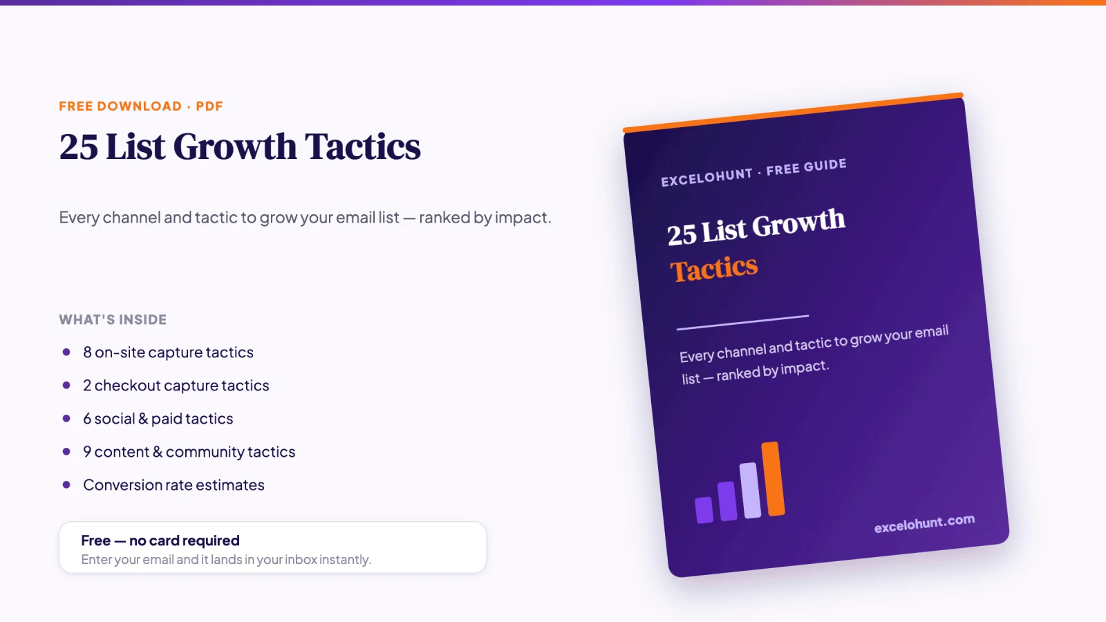 Cover mockup of the free 25 List Growth Tactics PDF download from Excelohunt