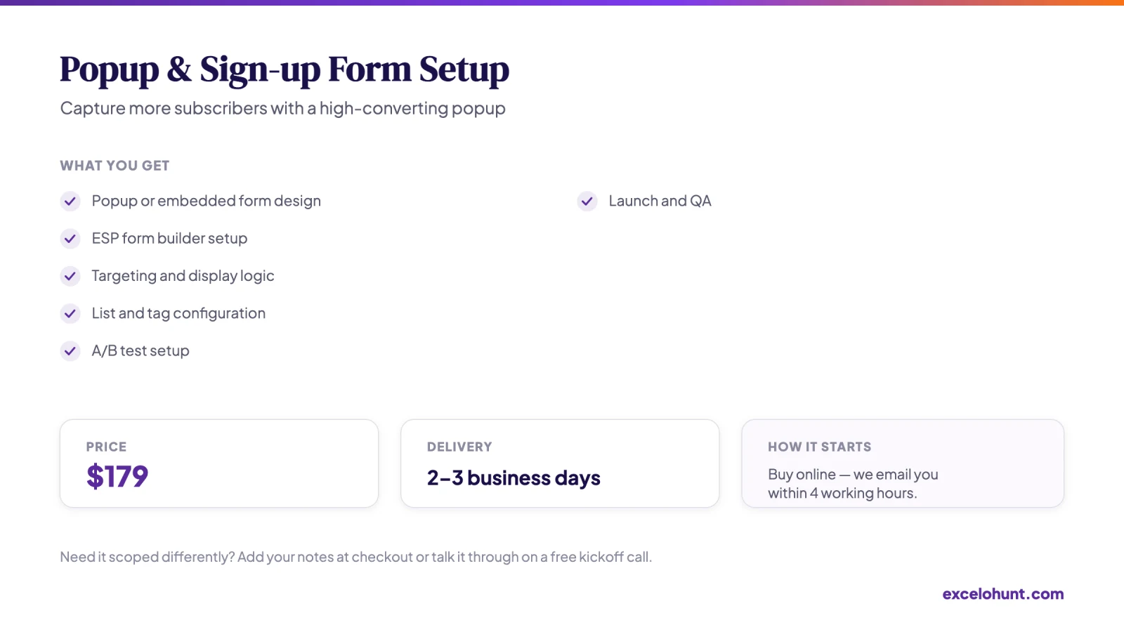 Overview of Popup & Sign-up Form Setup: what you get, price and delivery time