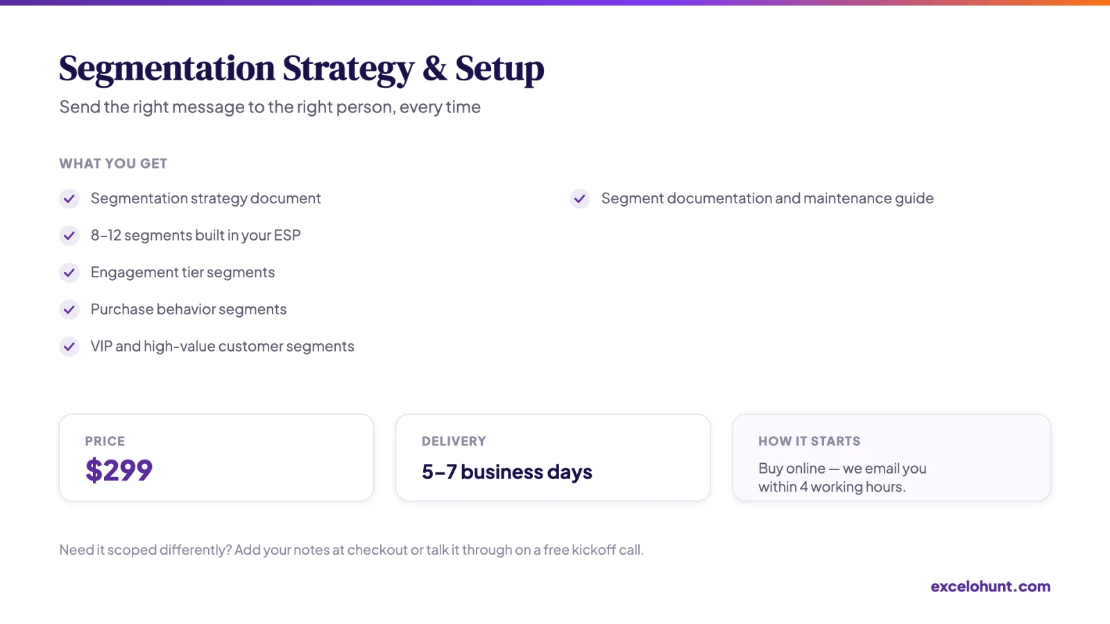 Overview of Segmentation Strategy & Setup: what you get, price and delivery time