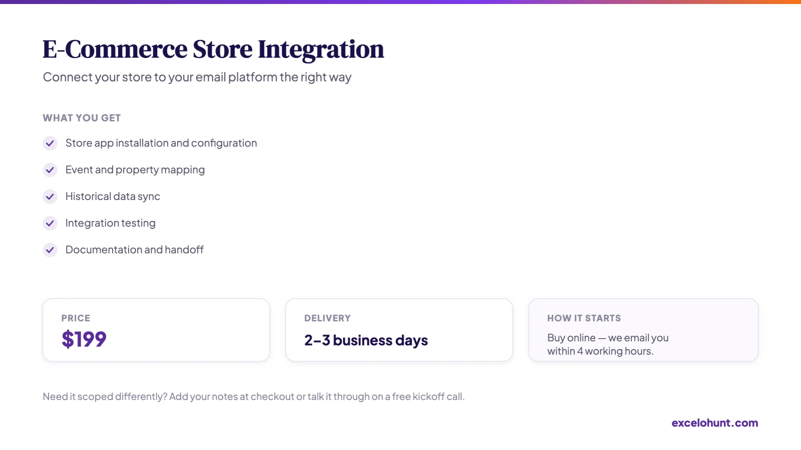 Overview of E-Commerce Store Integration: what you get, price and delivery time