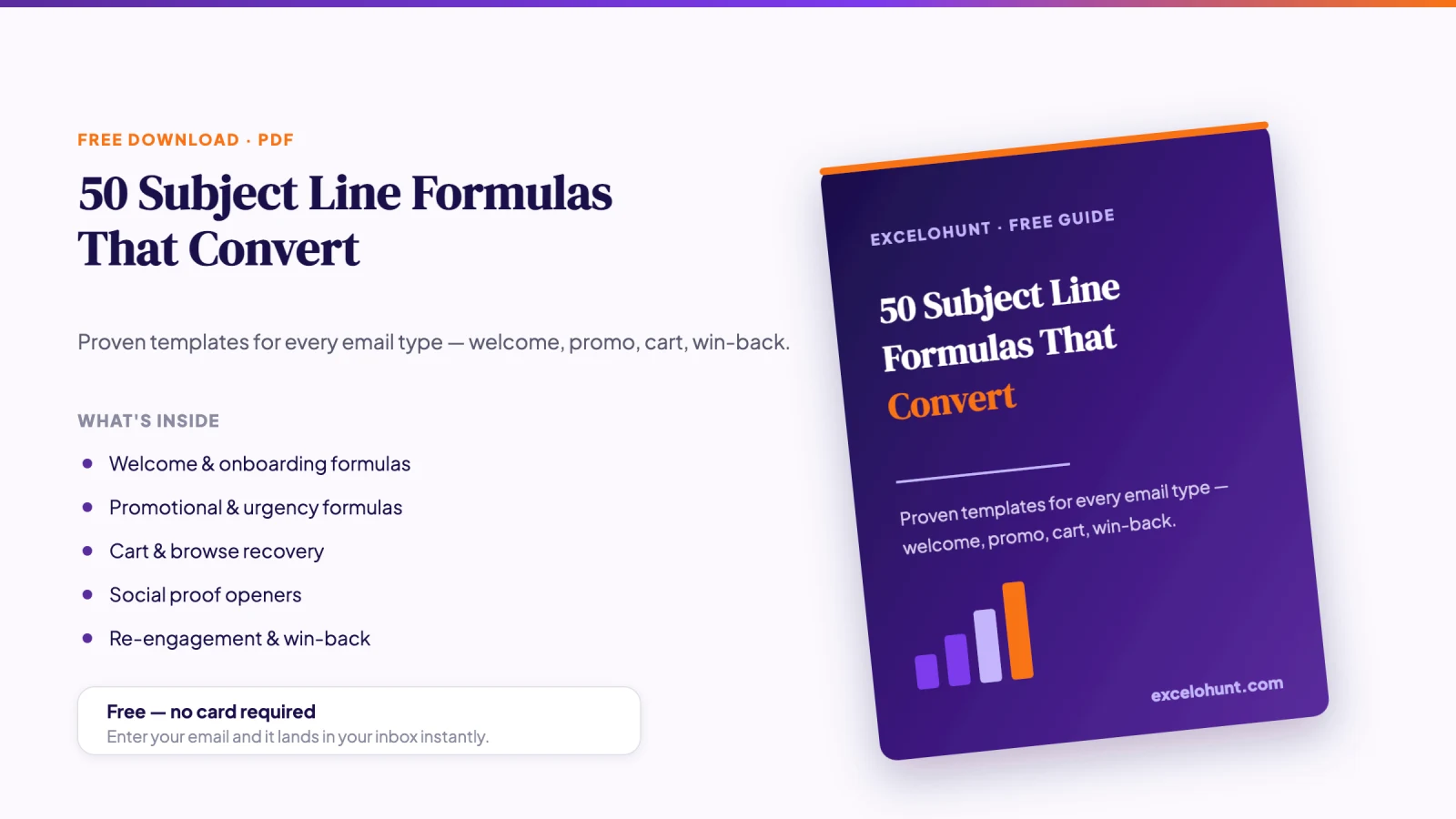 Cover mockup of the free 50 Subject Line Formulas That Convert PDF download from Excelohunt