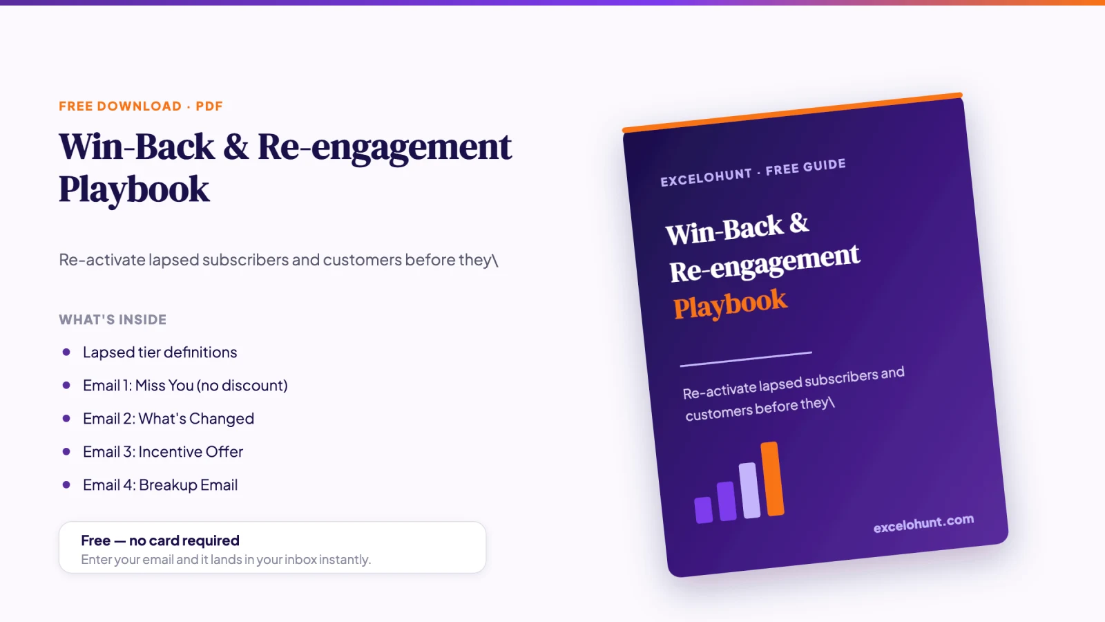 Cover mockup of the free Win-Back & Re-engagement Playbook PDF download from Excelohunt